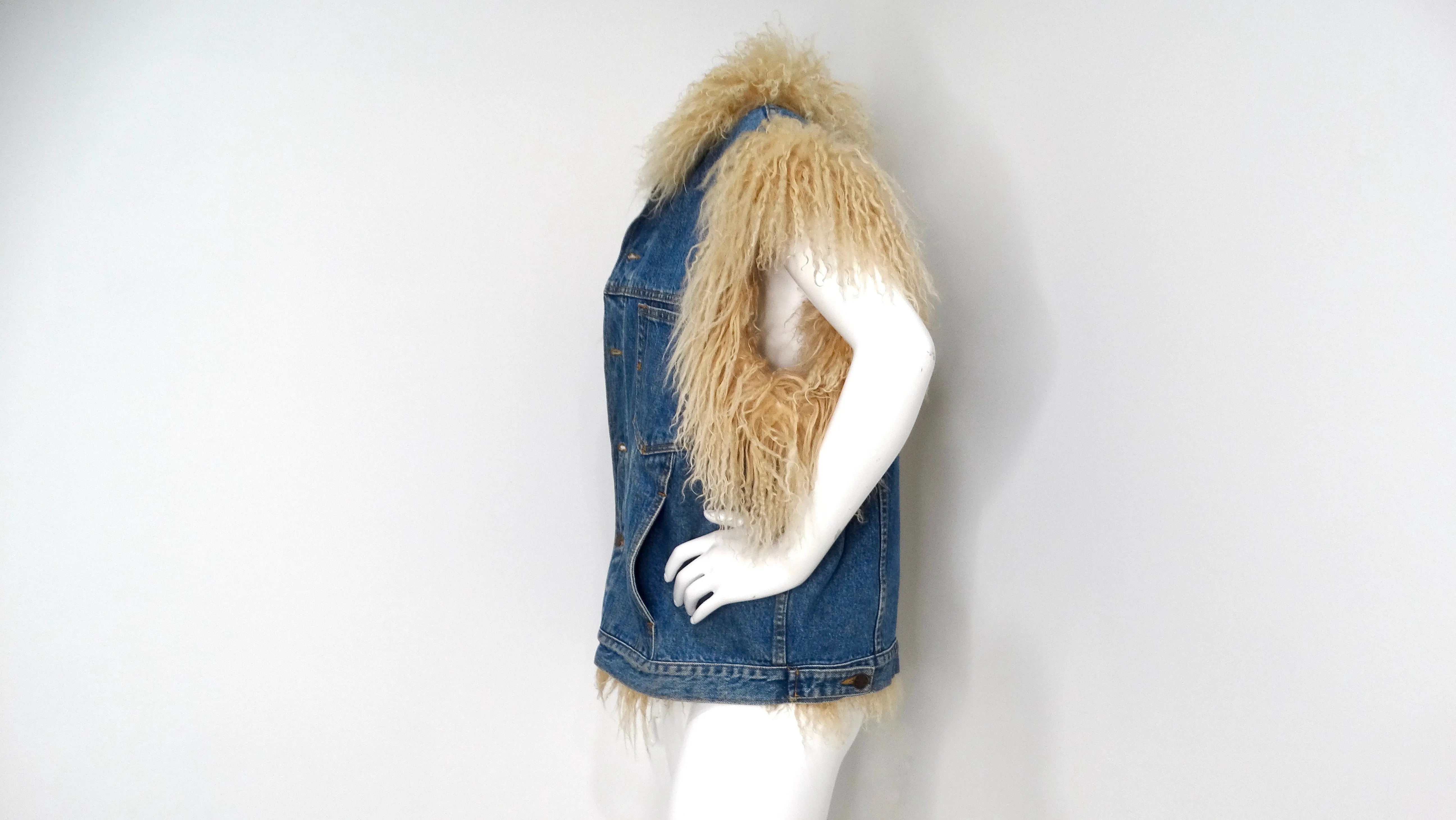 1990s Denim Blue Mongolian Lamb Fur Lined Vest