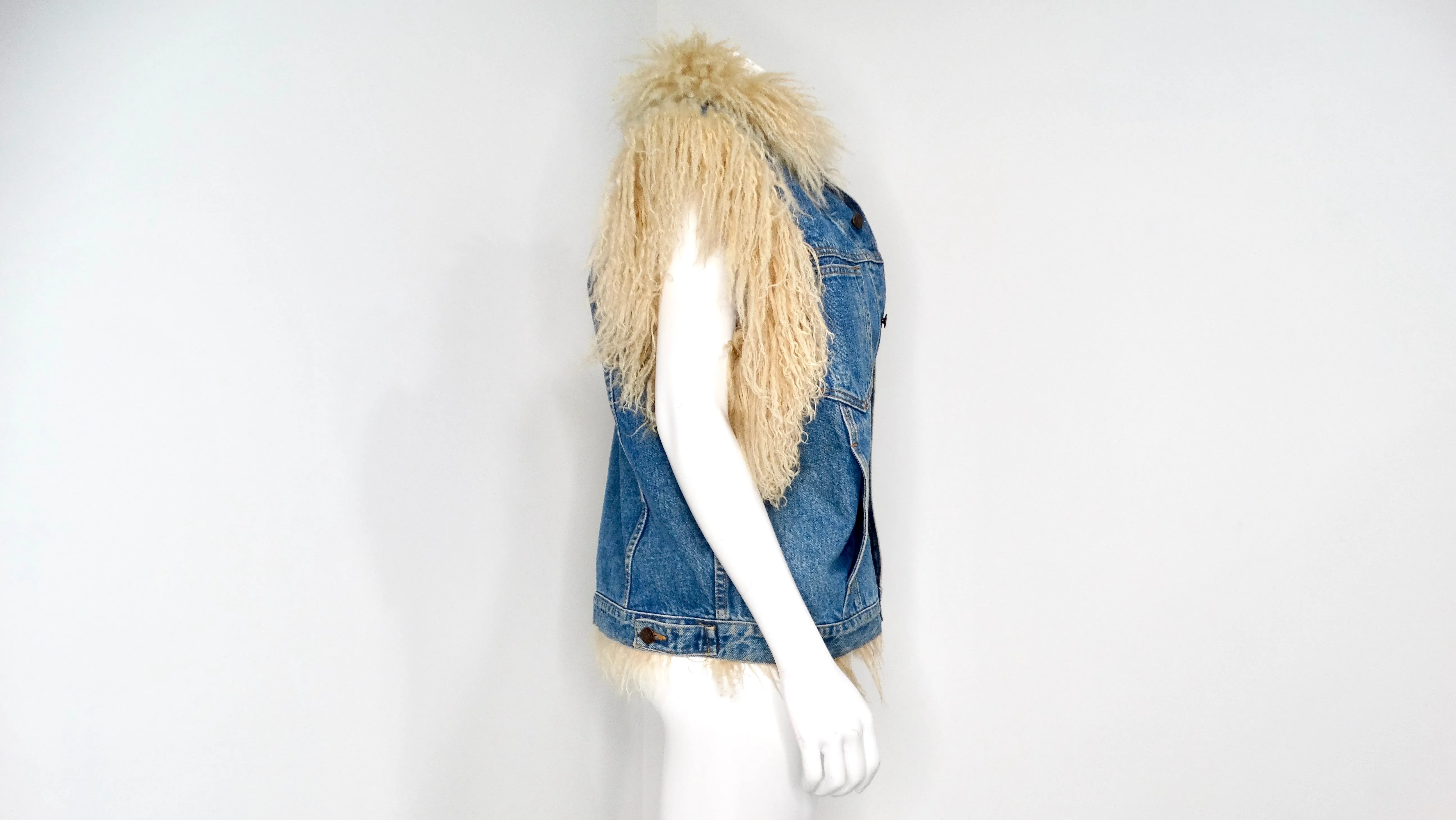 1990s Denim Blue Mongolian Lamb Fur Lined Vest