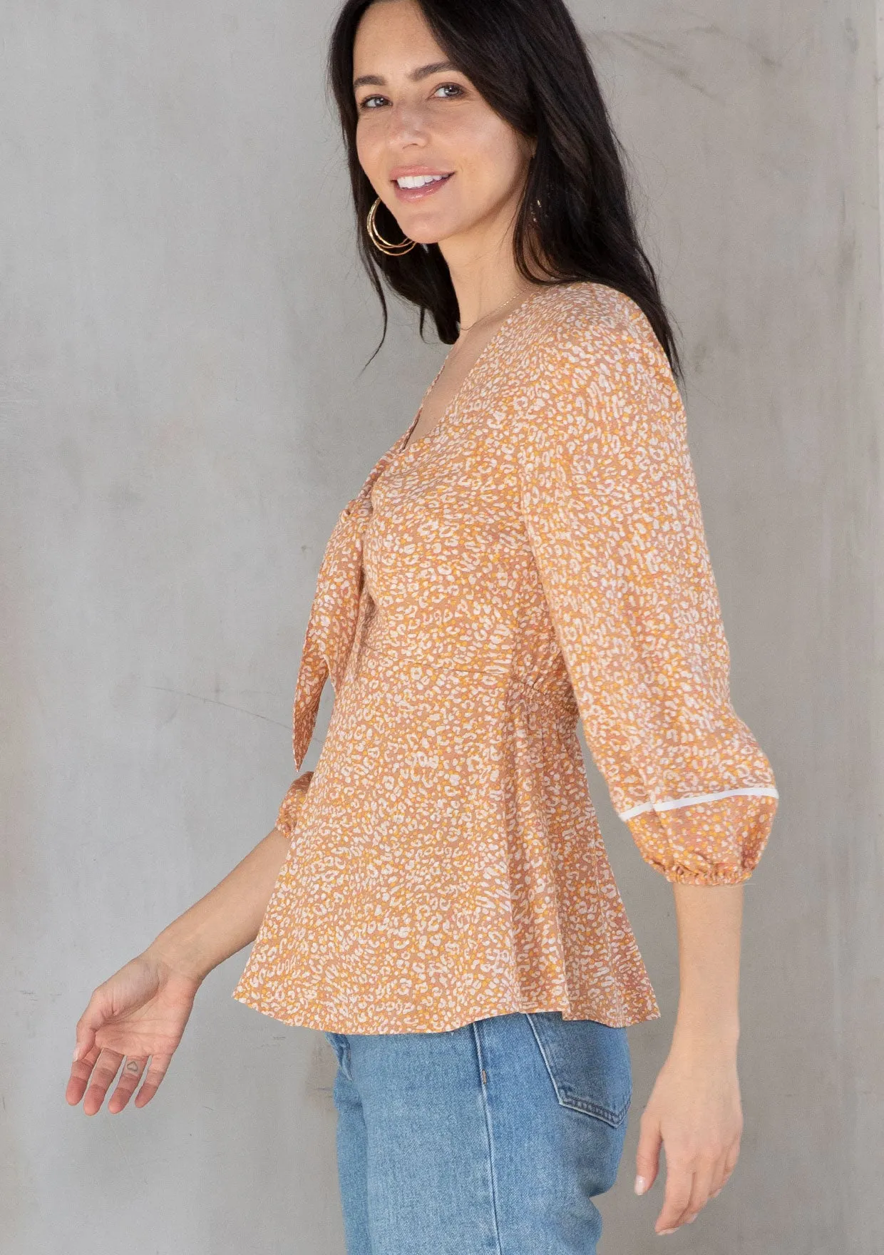 3/4 Sleeve Tie Front Blouse