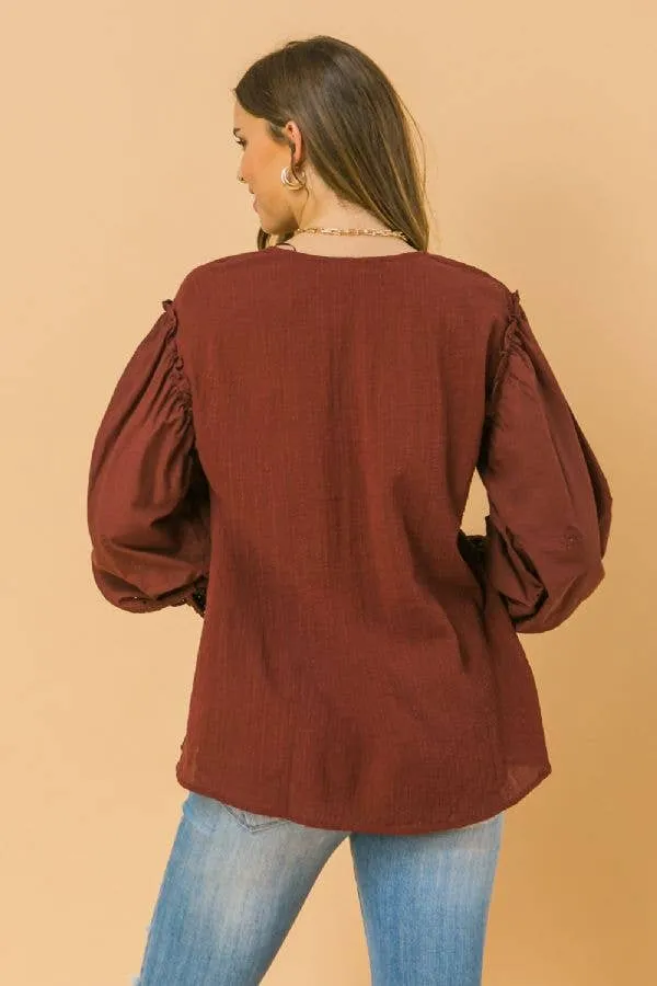 A textured/eyelet combination woven top -LT1150: BURGUNDY Flying Tomato
