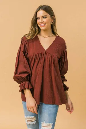 A textured/eyelet combination woven top -LT1150: BURGUNDY Flying Tomato