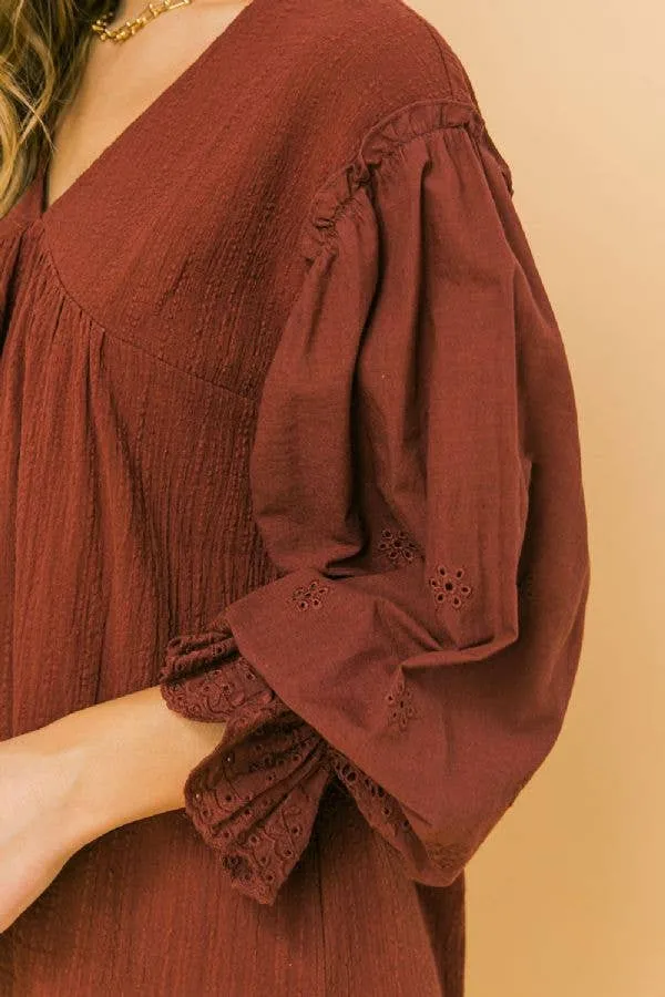 A textured/eyelet combination woven top -LT1150: BURGUNDY Flying Tomato