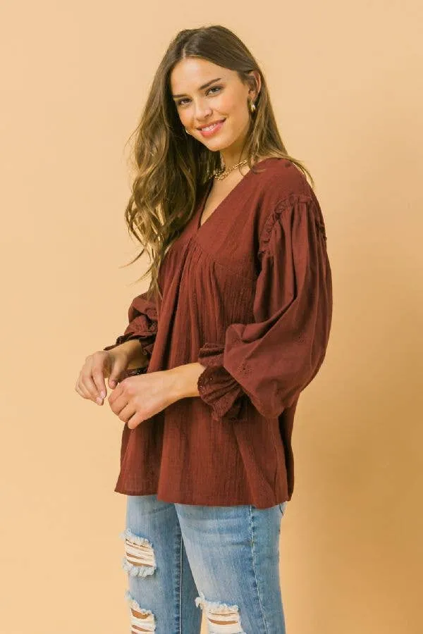 A textured/eyelet combination woven top -LT1150: BURGUNDY Flying Tomato