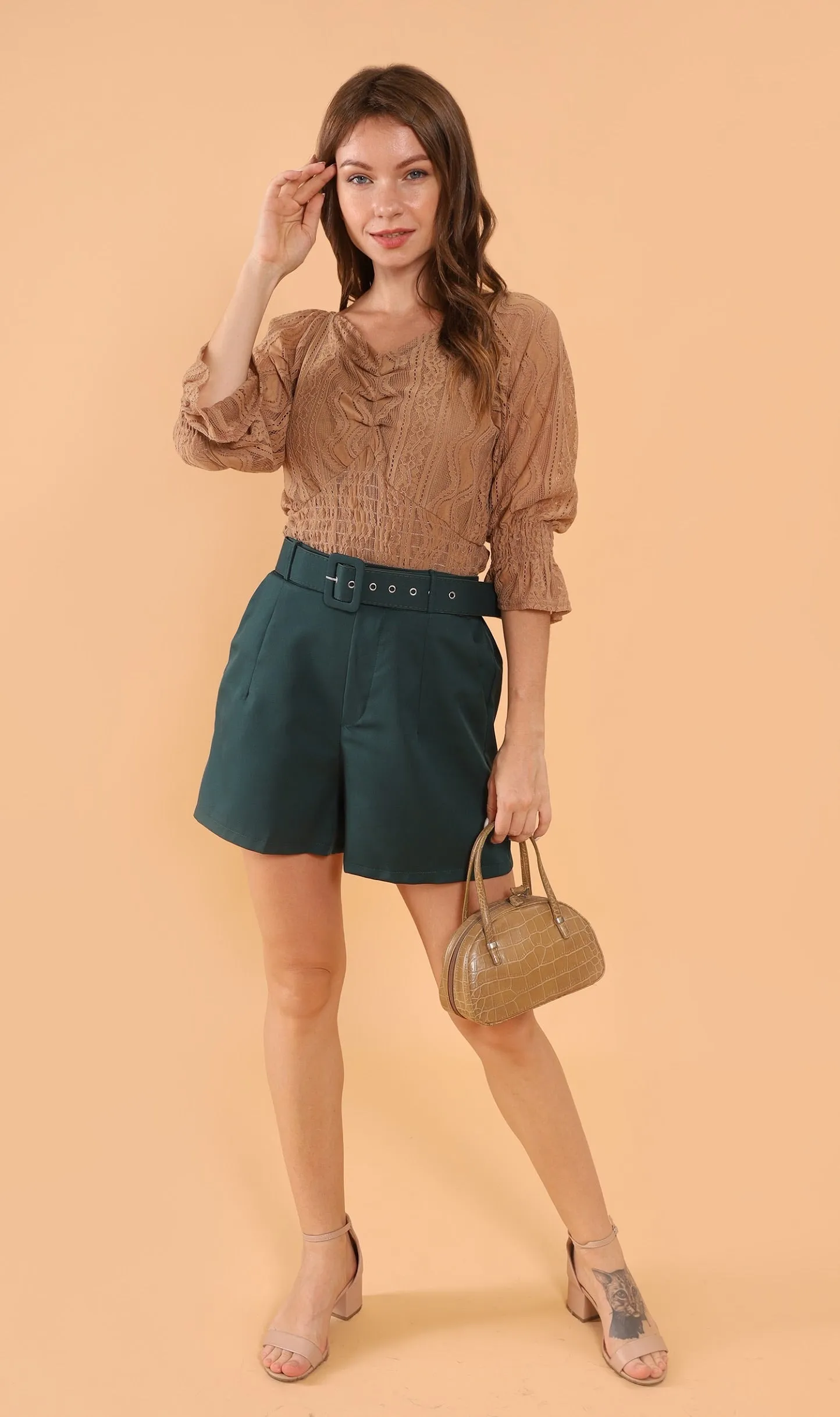 ADALEE 2-way Smocked Lace Top (Mocha)