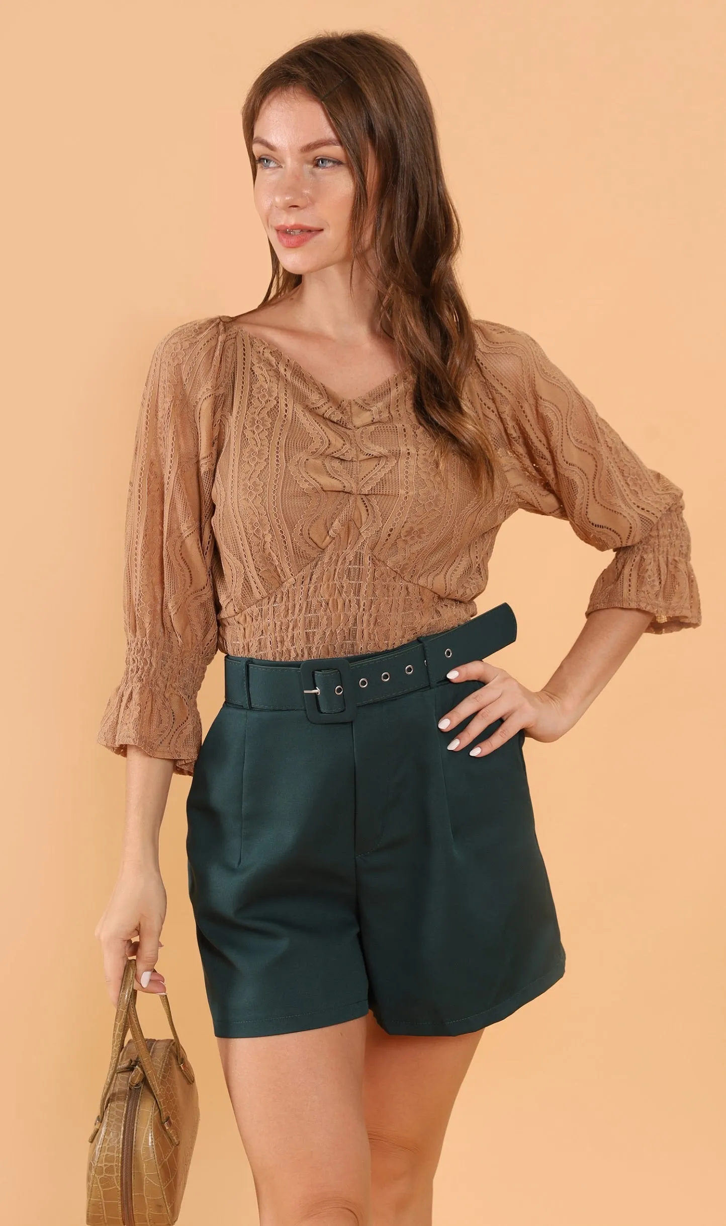 ADALEE 2-way Smocked Lace Top (Mocha)