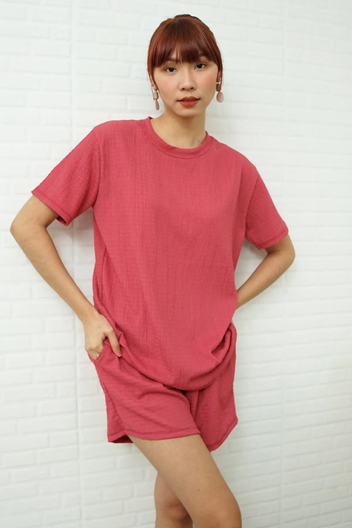 ALESSIA Textured Crepe Top & Shorts Co-ord (Dusty Red)