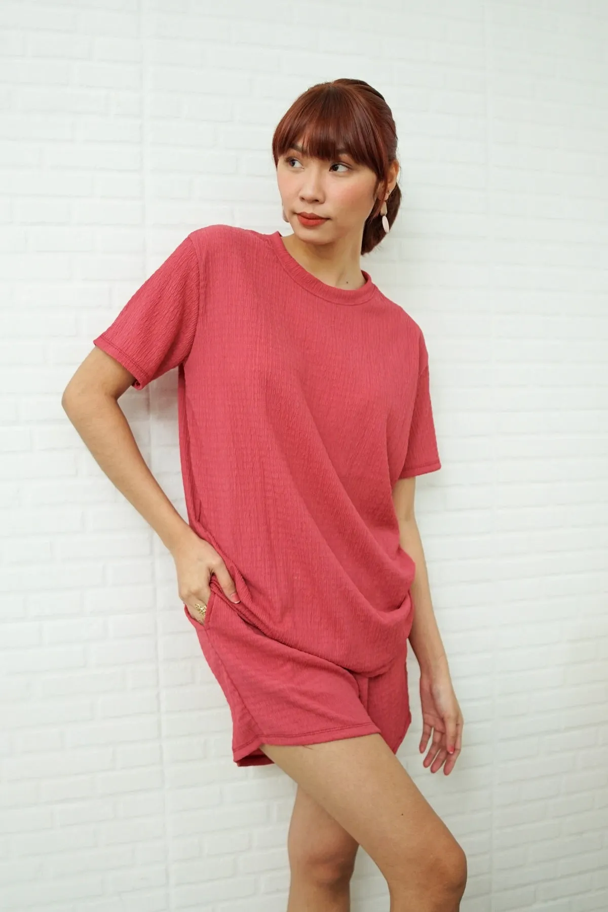 ALESSIA Textured Crepe Top & Shorts Co-ord (Dusty Red)