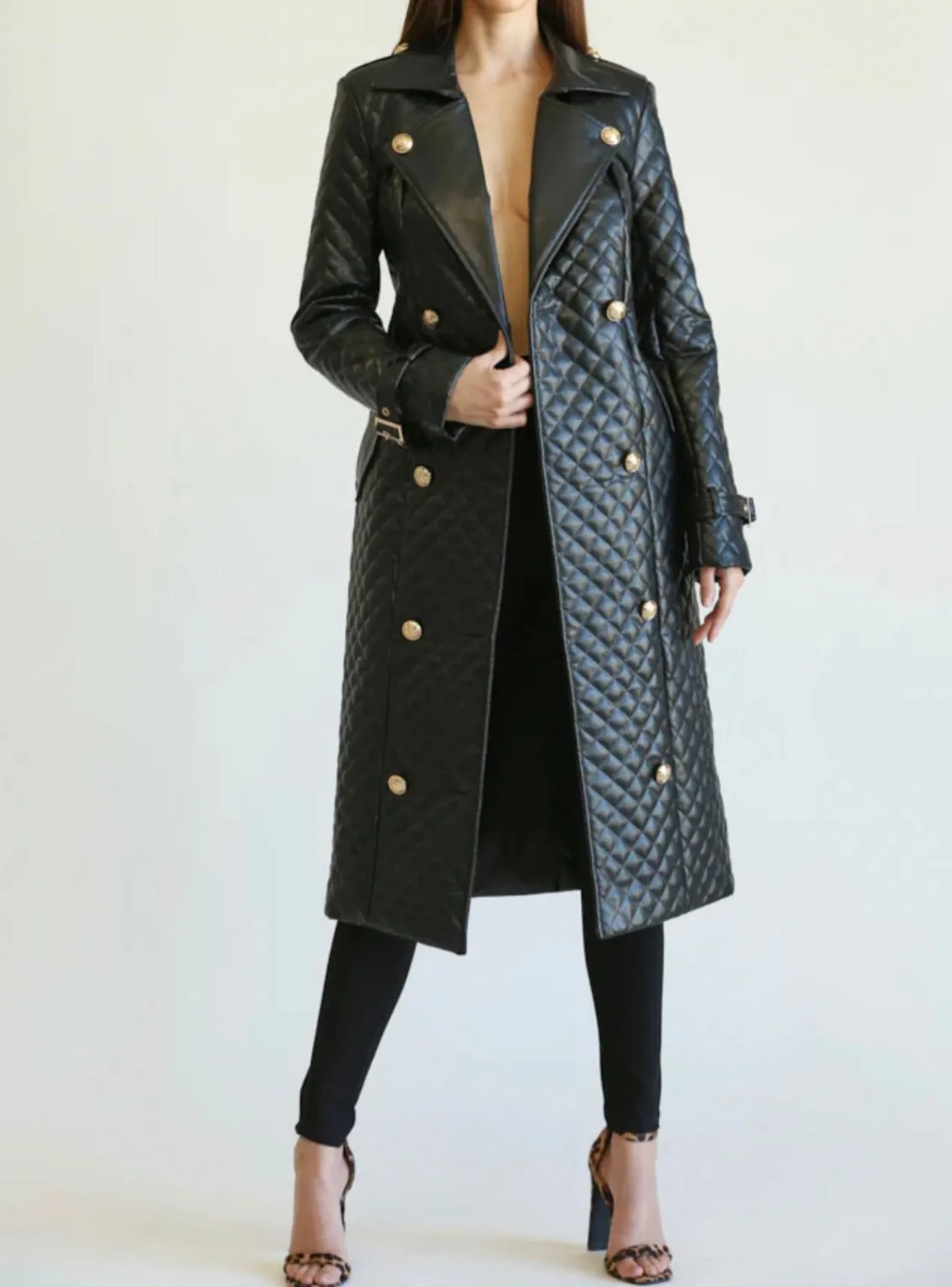 Alma Quilted Black Trench Coat