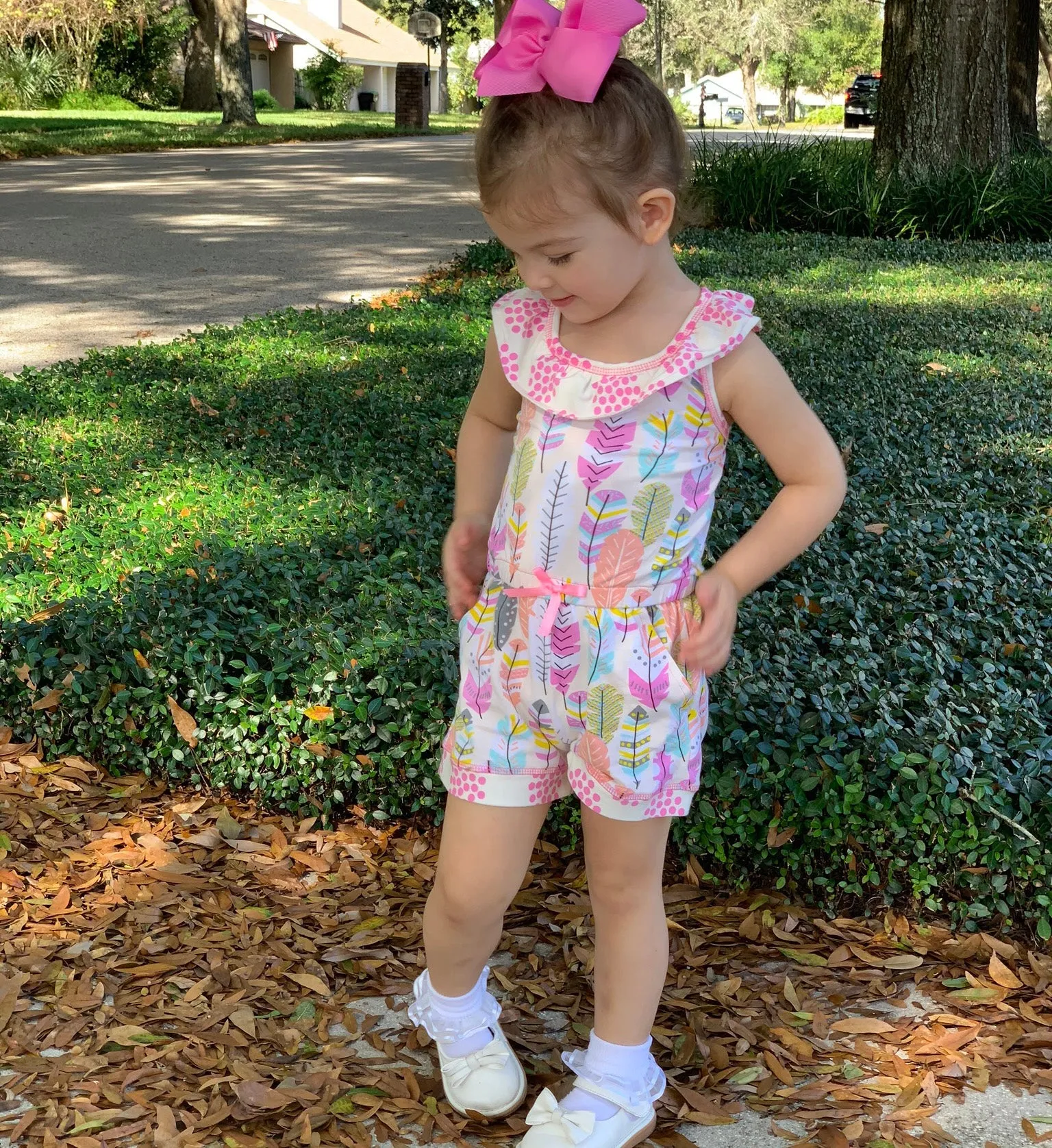 AnnLoren Big Little Girls Pink Feather & Polka Dots Shorts Jumpsuit Spring Summer One Piece Outfit