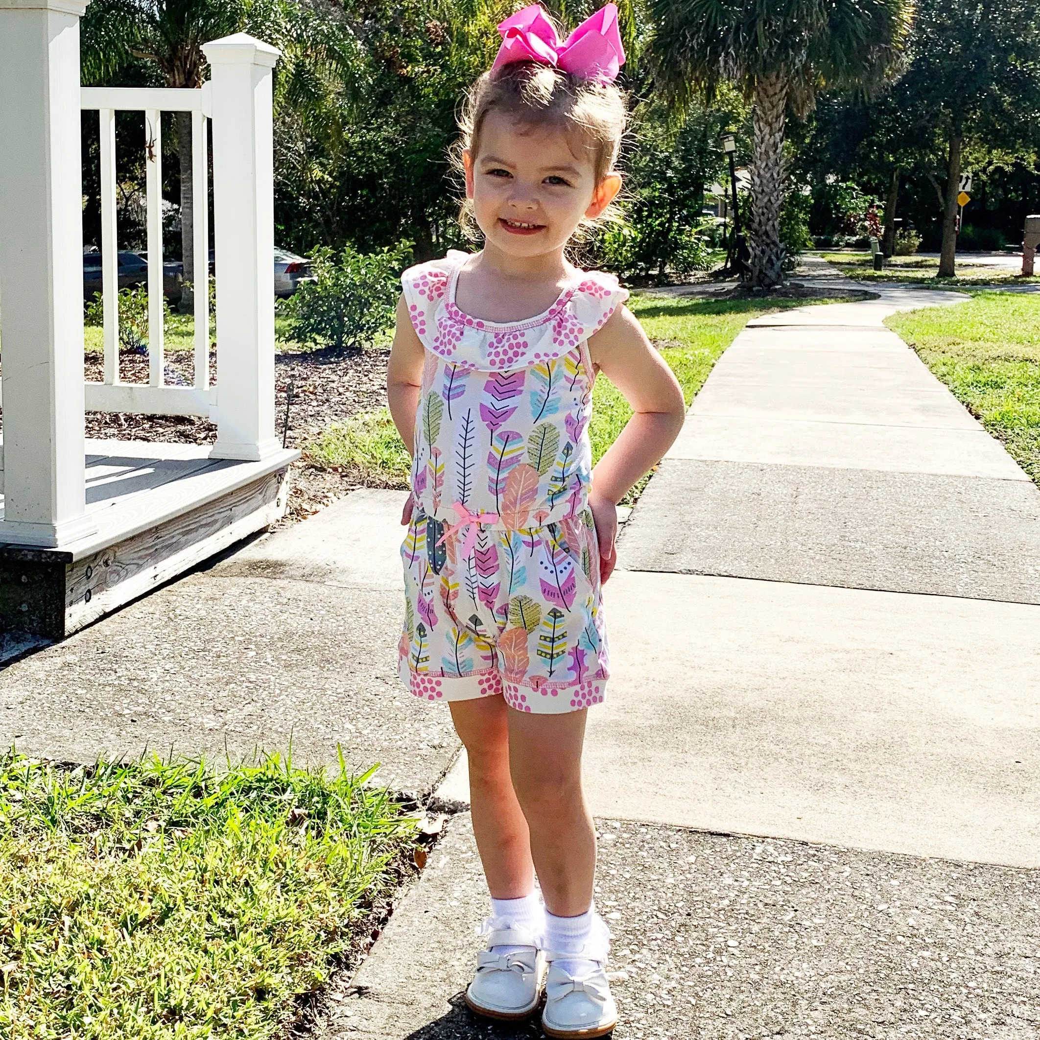 AnnLoren Big Little Girls Pink Feather & Polka Dots Shorts Jumpsuit Spring Summer One Piece Outfit