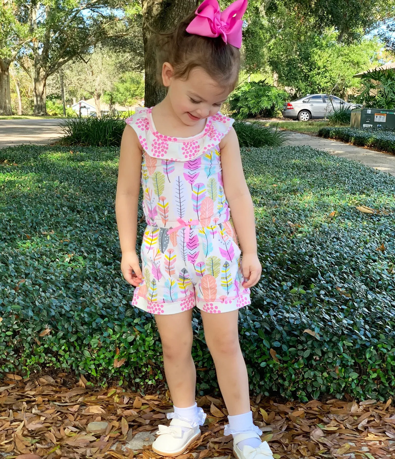 AnnLoren Big Little Girls Pink Feather & Polka Dots Shorts Jumpsuit Spring Summer One Piece Outfit