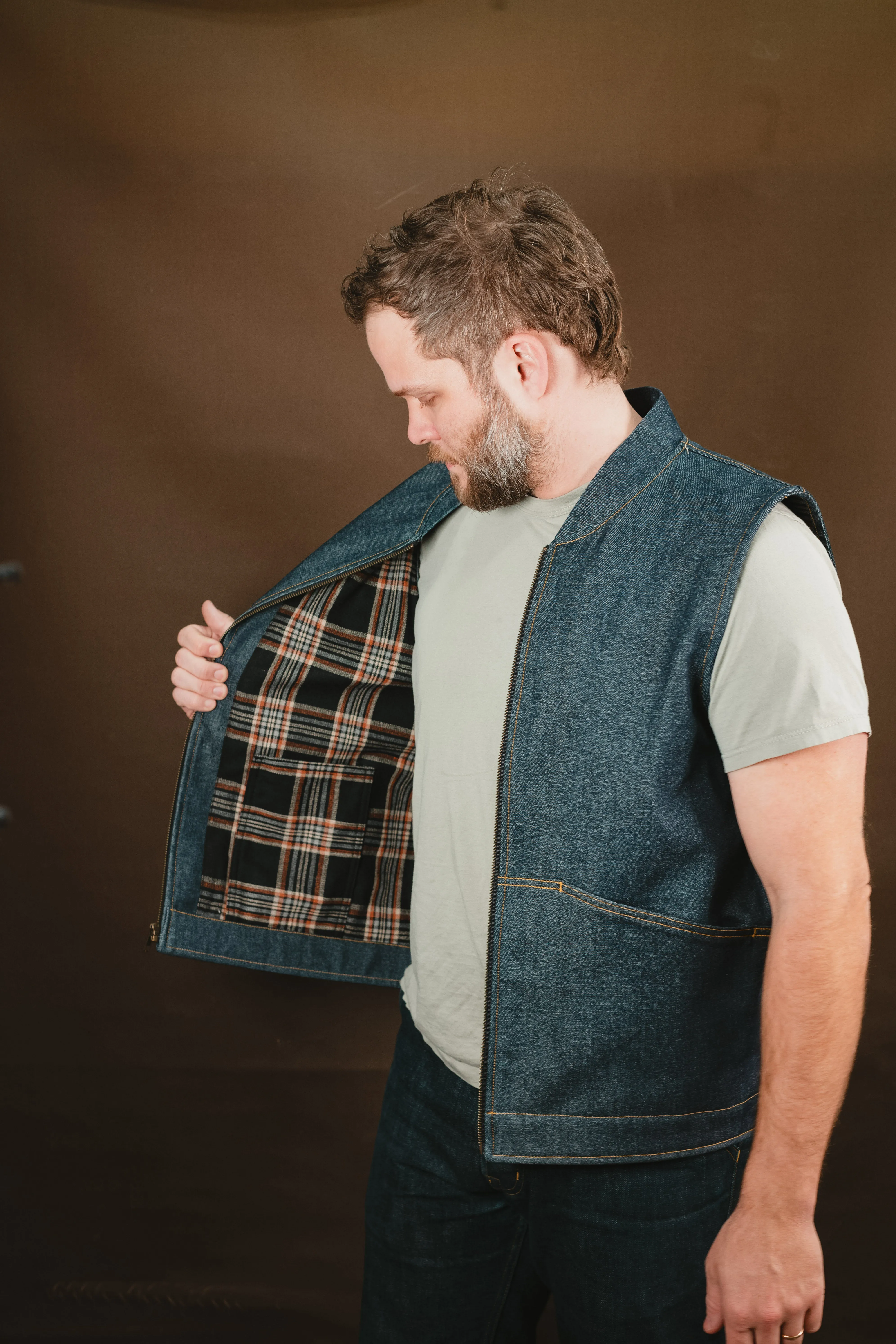 Ansel Vest - Rigid Vidalia Mills Selvedge Denim - Japanese Wool Liner - One Off - Large