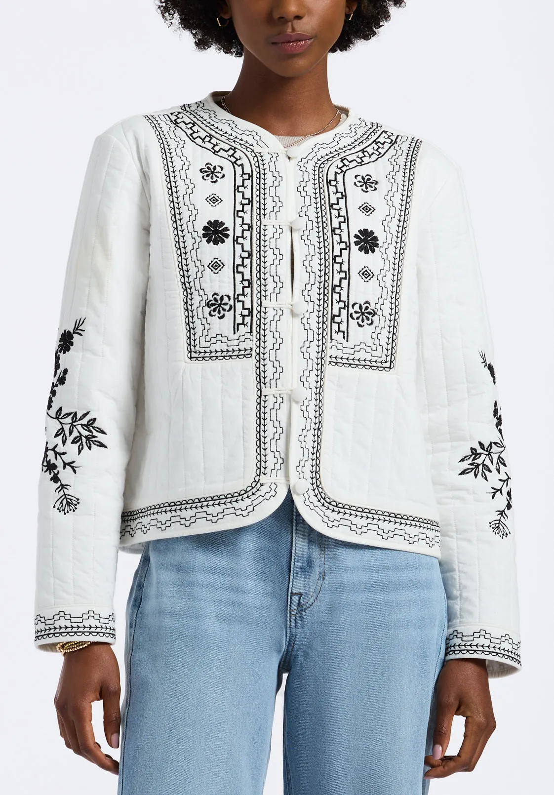 Ashleigh Women's Quilted Embroidered Button-Up Jacket, Egret - JK0048P
