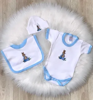 Baby boys Beatrix potter peter rabbit all in one vest ,Bib & Hat all embroidered 3 piece set