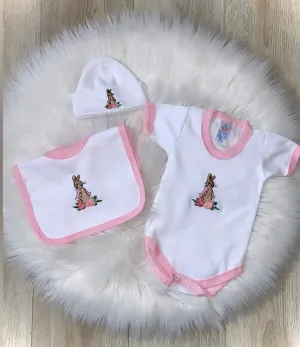 Beatrix potter embroidered Flopsy Bunny all on one popper vest , Bib & Hat 3 piece set