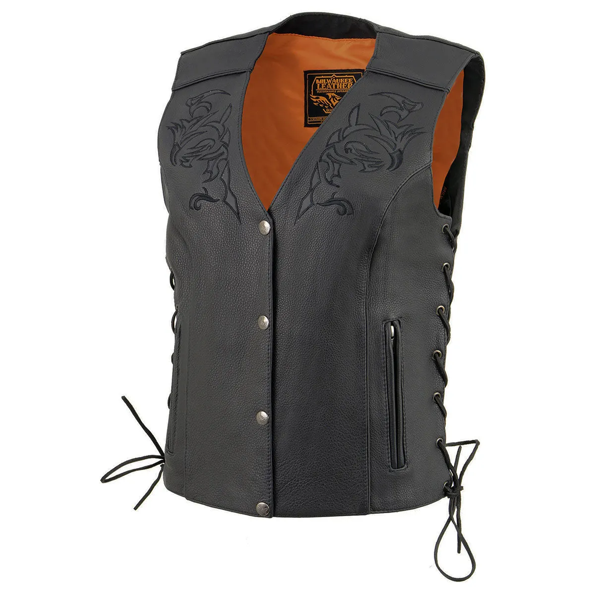 Black Color ML1296 Women's Black Leather Side Lace Motorcycle Rider Vest- Reflective Piping and Black Skulls