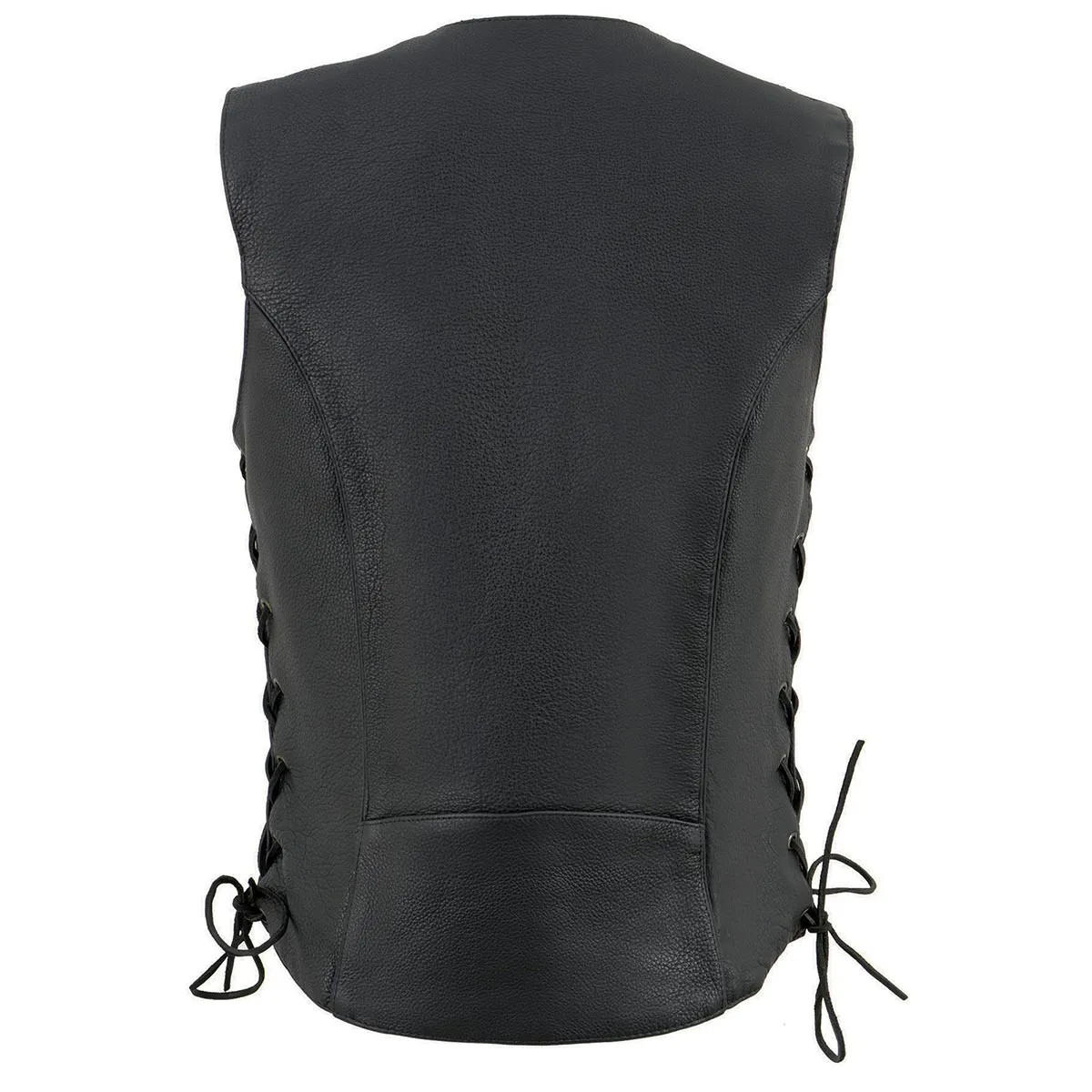 Black Color ML1296 Women's Black Leather Side Lace Motorcycle Rider Vest- Reflective Piping and Black Skulls