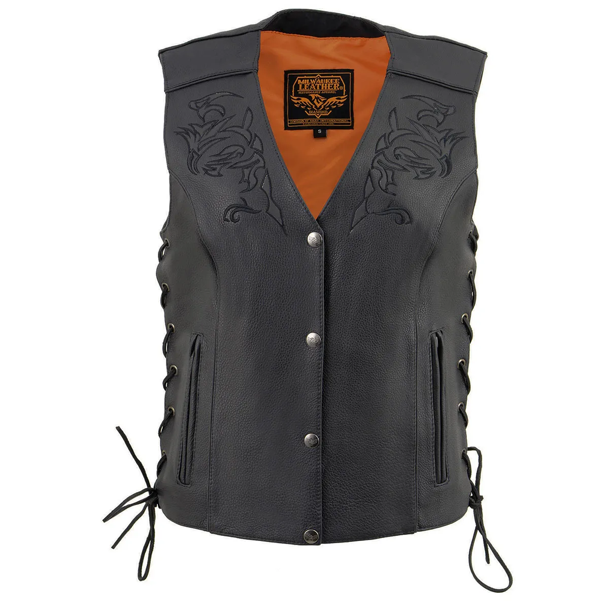 Black Color ML1296 Women's Black Leather Side Lace Motorcycle Rider Vest- Reflective Piping and Black Skulls