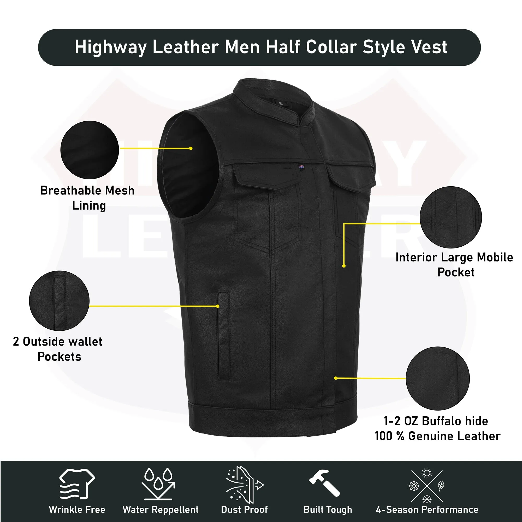 BLACK HL11689SPT Black SOA Men's Leather Vest Anarchy Motorcycle Biker Club Concealed Carry Outlaws SPT
