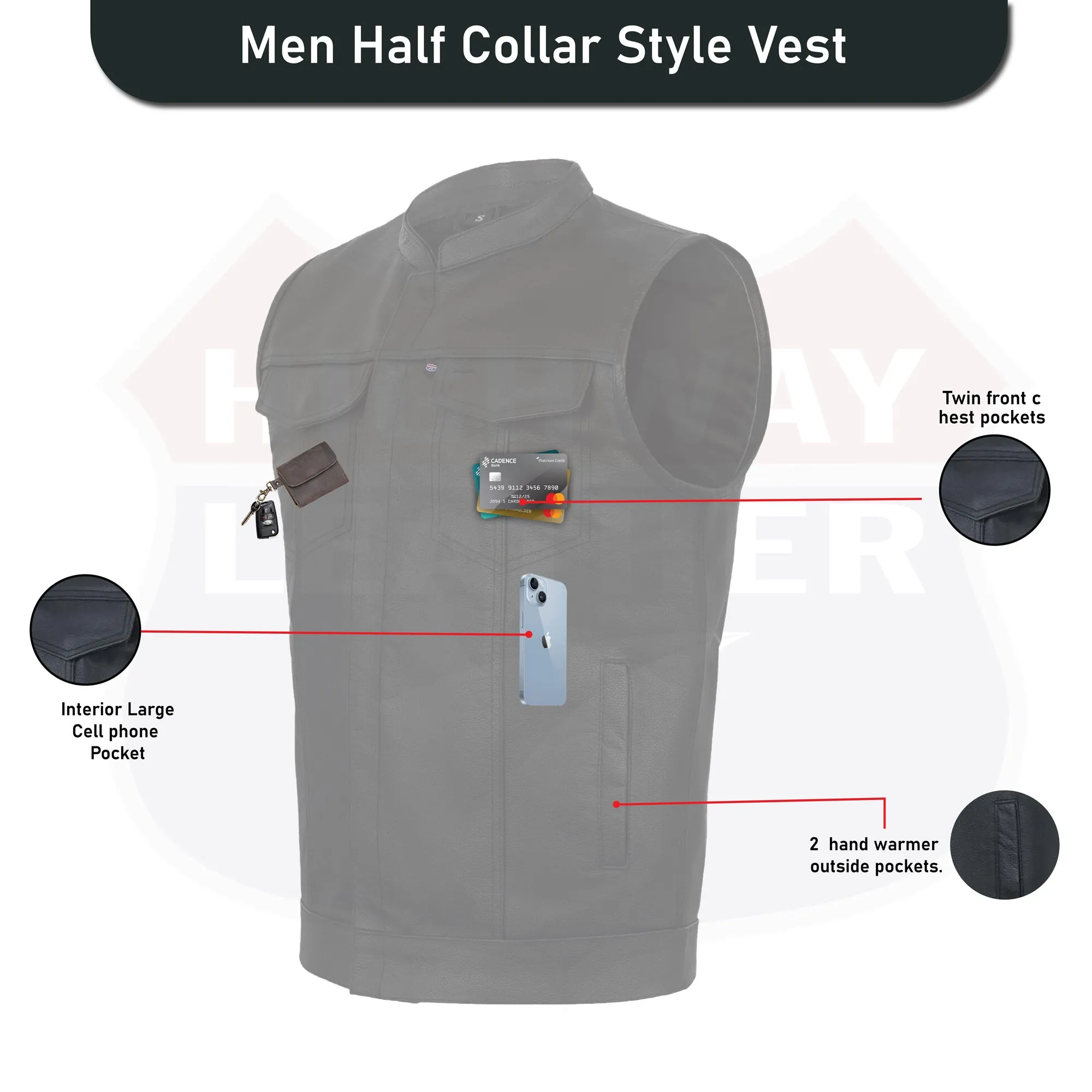BLACK HL11689SPT Black SOA Men's Leather Vest Anarchy Motorcycle Biker Club Concealed Carry Outlaws SPT