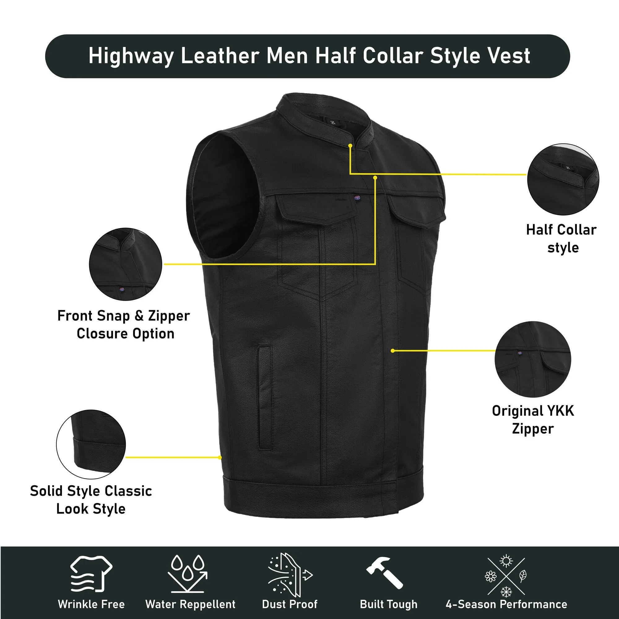 BLACK HL11689SPT Black SOA Men's Leather Vest Anarchy Motorcycle Biker Club Concealed Carry Outlaws SPT