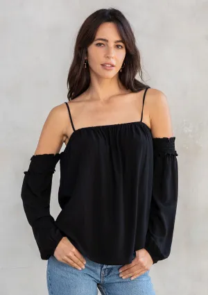 Black Linen Blend Smocked Off Shoulder Top