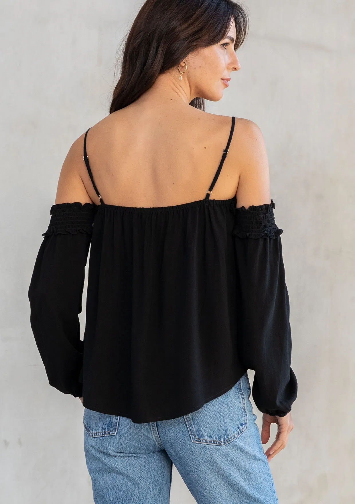 Black Linen Blend Smocked Off Shoulder Top