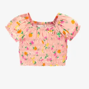 Blouse rose à motifs et nid d'abeille, enfant || Pink smocked blouse with all over print, child