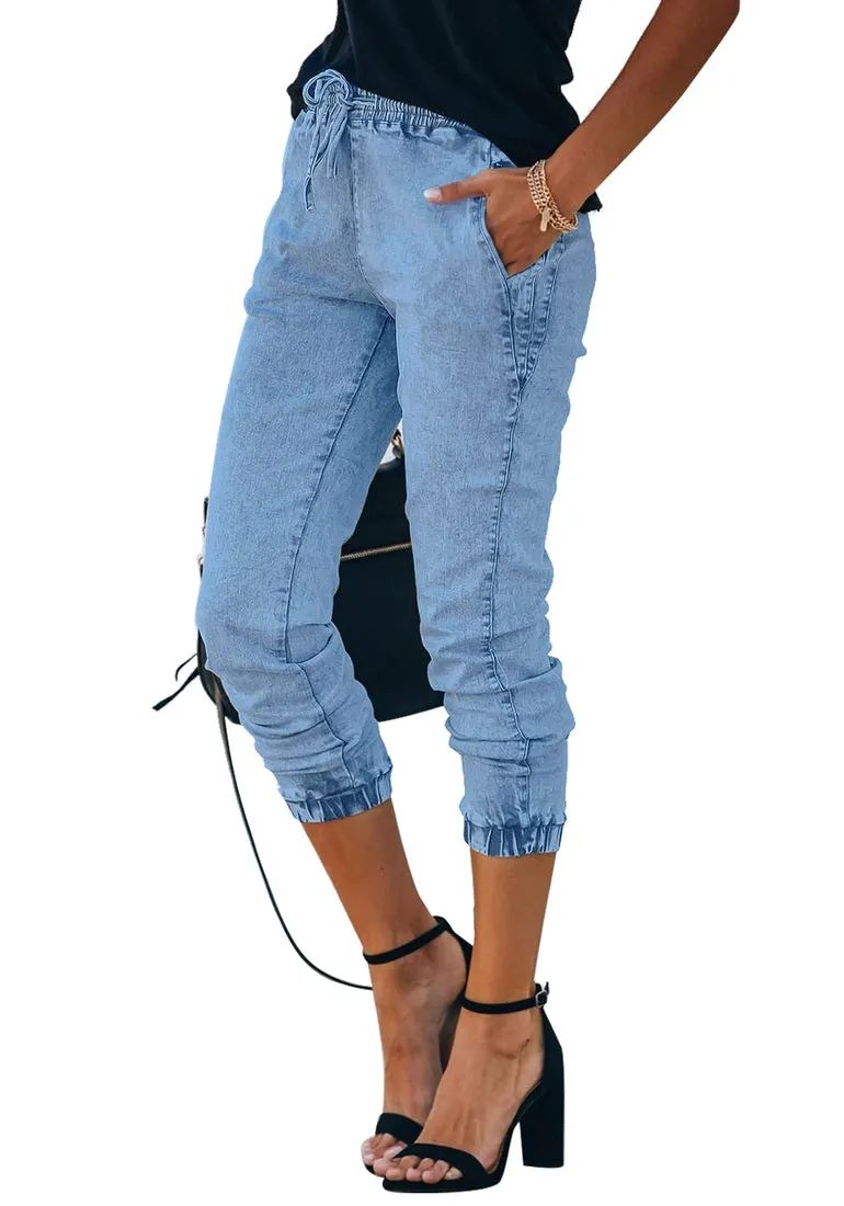 Blue Elastic-Waist Welt Pocket Denim Jogger Pants