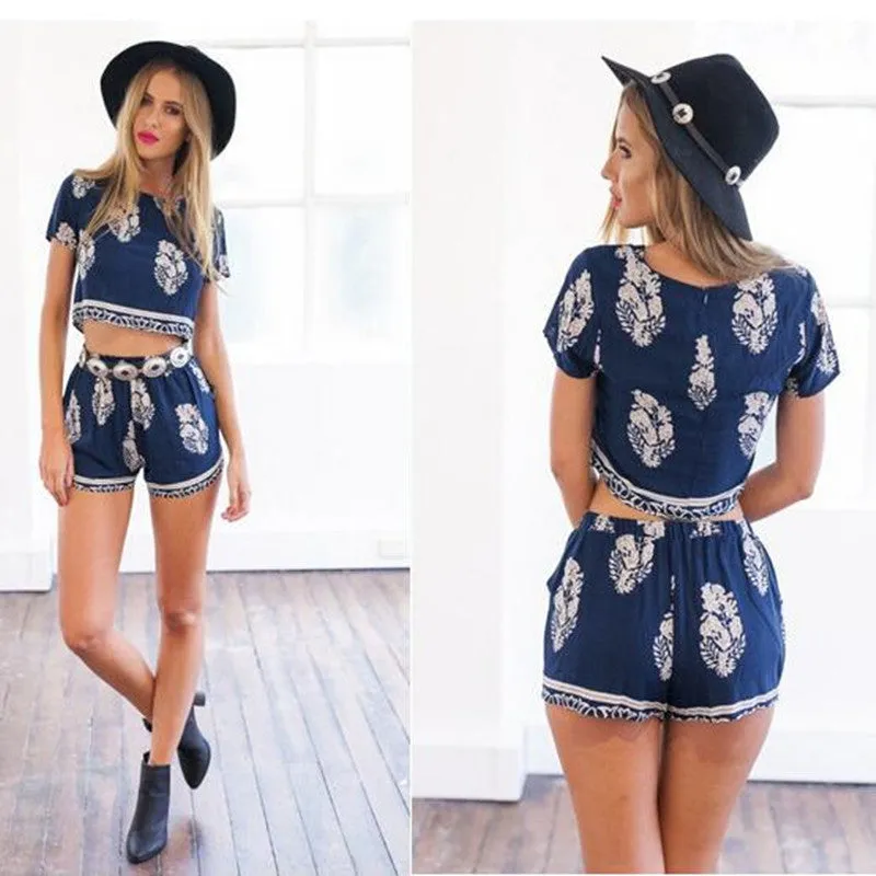 Boho Floral Print Crop Top and Shorts