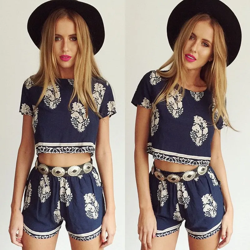 Boho Floral Print Crop Top and Shorts
