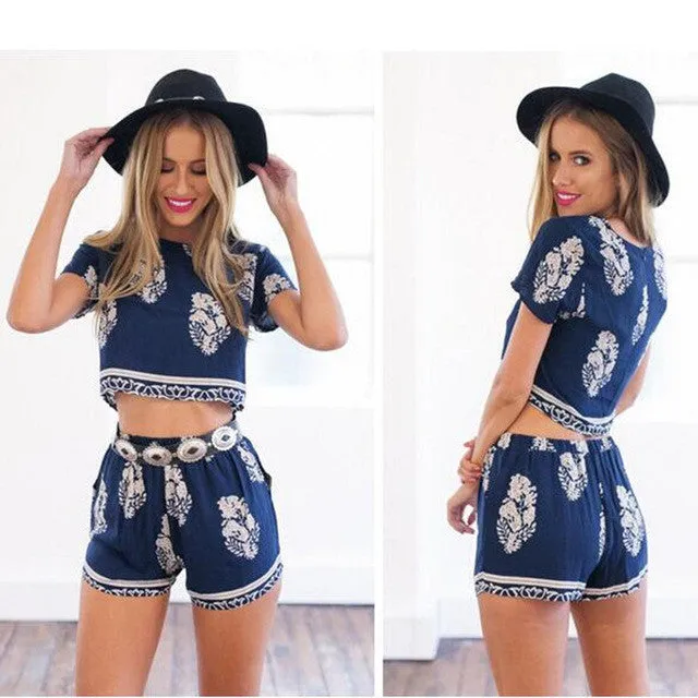 Boho Floral Print Crop Top and Shorts