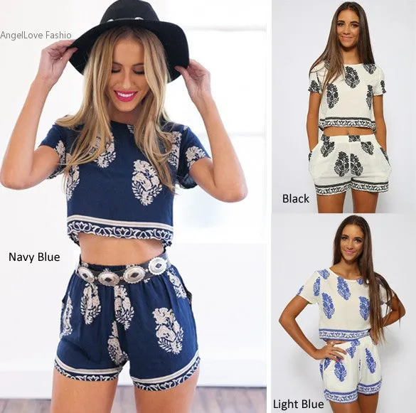 Boho Floral Print Crop Top and Shorts