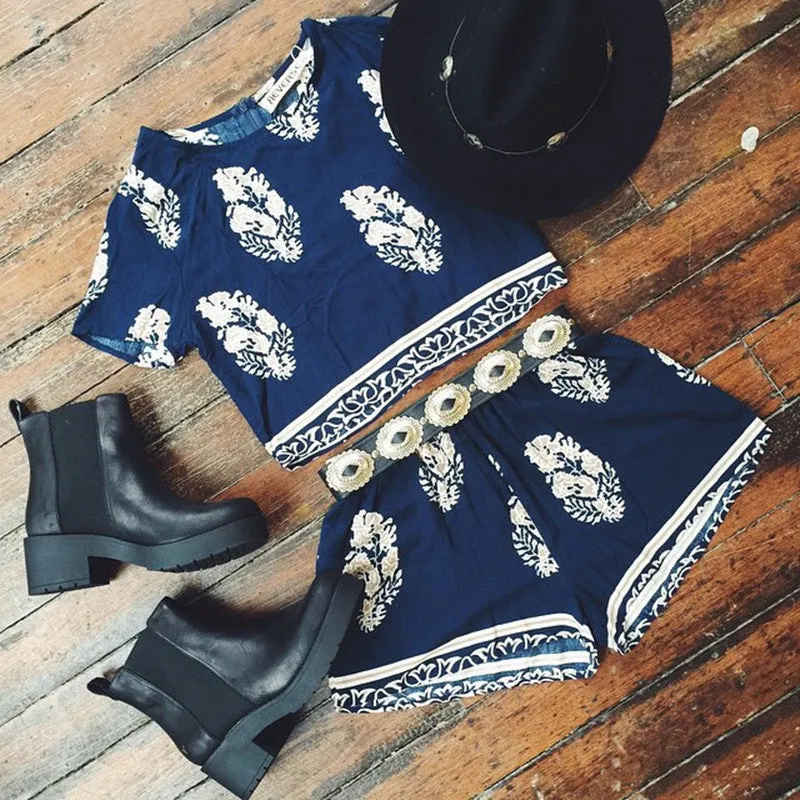 Boho Floral Print Crop Top and Shorts