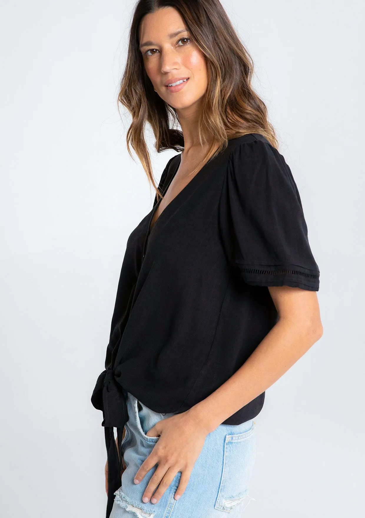 Boho Linen Blend Button and Tie Front Blouse