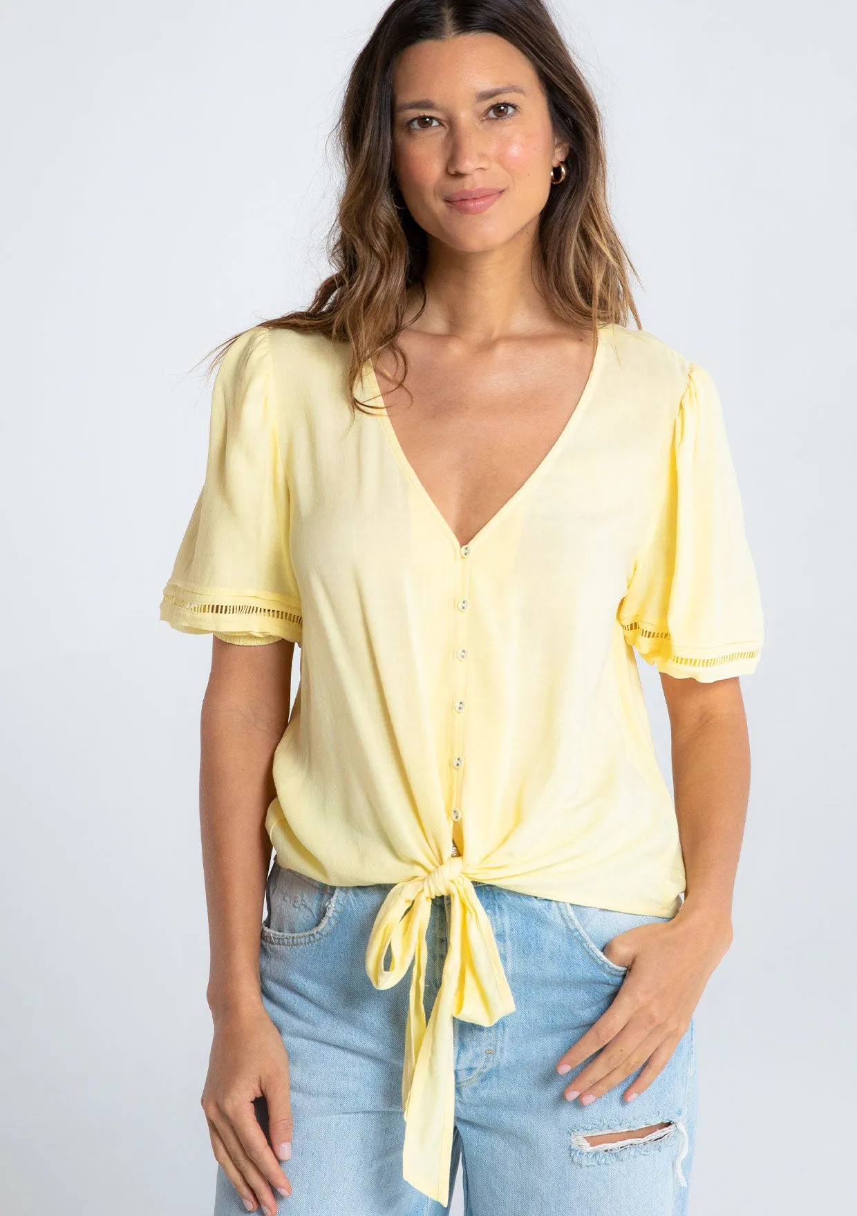 Boho Linen Blend Button and Tie Front Blouse
