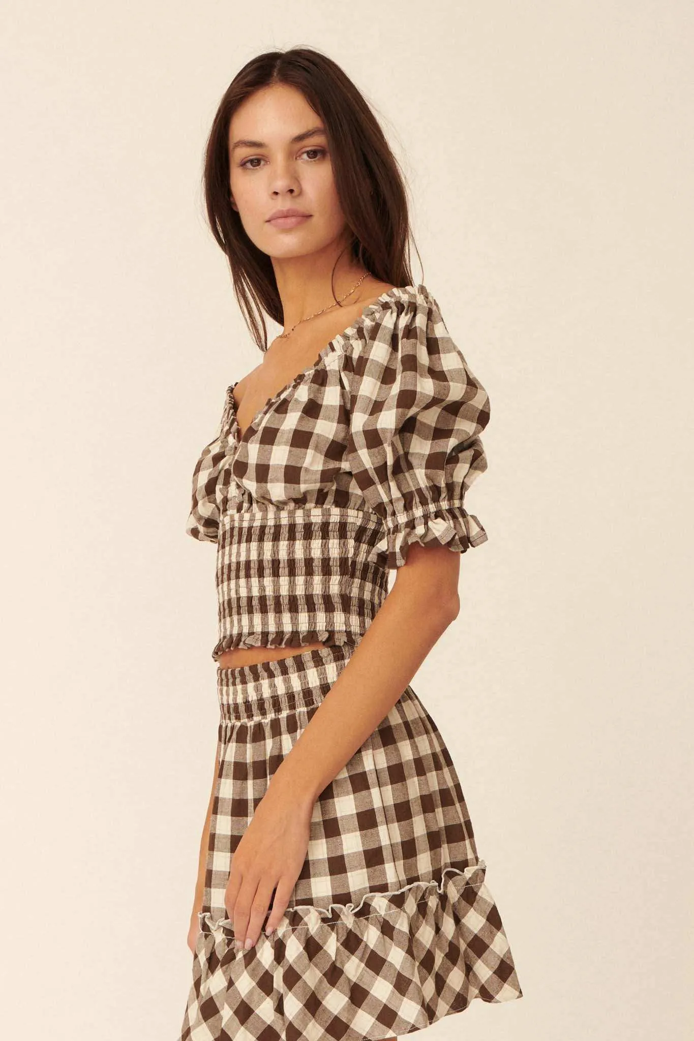 Candy Kisses Smocked Gingham Puff-Sleeve Top