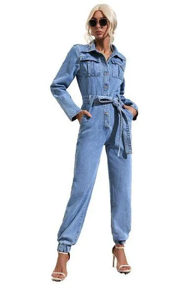 Casual slim fit denim jumpsuit