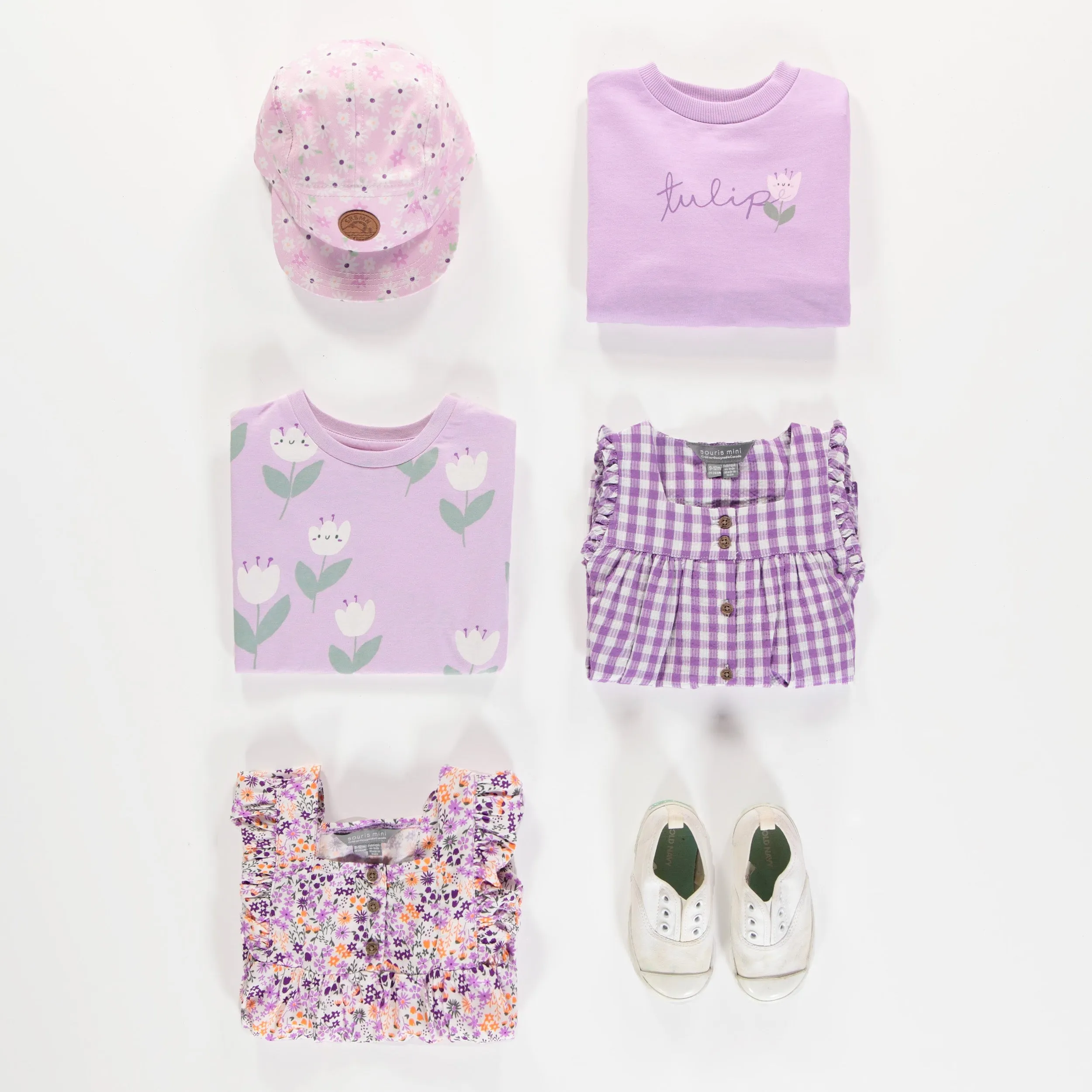 Chandail ample lilas avec motif de tulipe en coton français, bébé || Loose-fitting lilac sweater with tulip motif in french cotton, baby