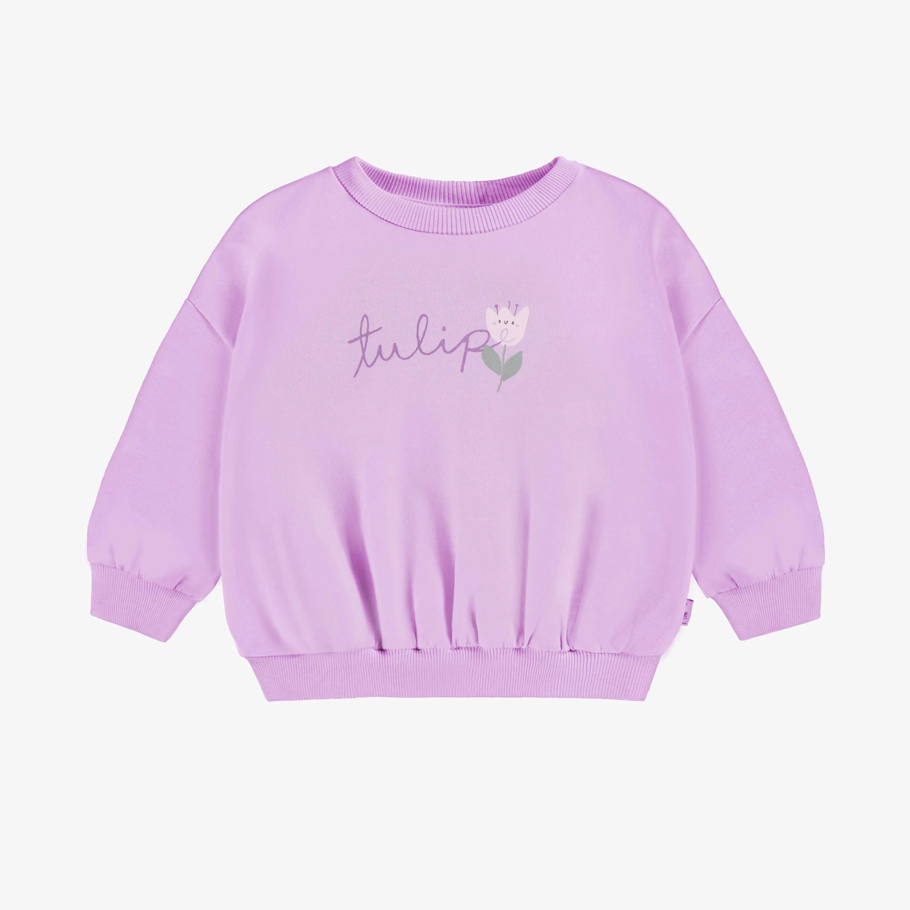 Chandail ample lilas avec motif de tulipe en coton français, bébé || Loose-fitting lilac sweater with tulip motif in french cotton, baby