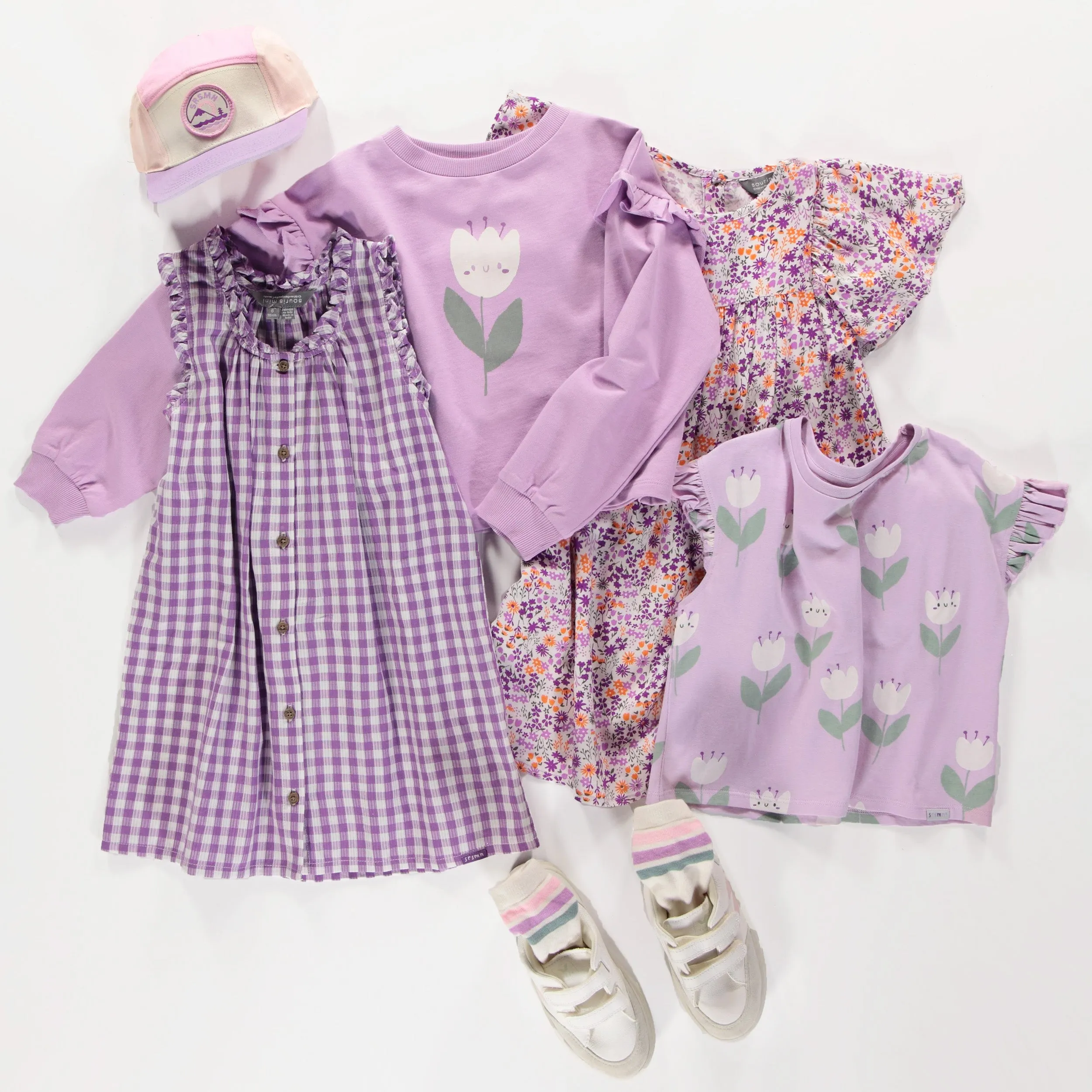 Chandail ample lilas avec motif de tulipe en coton français, enfant || Loose-fitting lilac sweater with tulip motif in french cotton, child