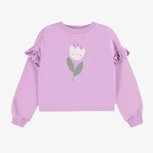 Chandail ample lilas avec motif de tulipe en coton français, enfant || Loose-fitting lilac sweater with tulip motif in french cotton, child