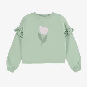 Chandail ample vert sauge avec motif de tulipe en coton français, enfant || Loose-fitting sage green sweater with tulip motif in french cotton, child