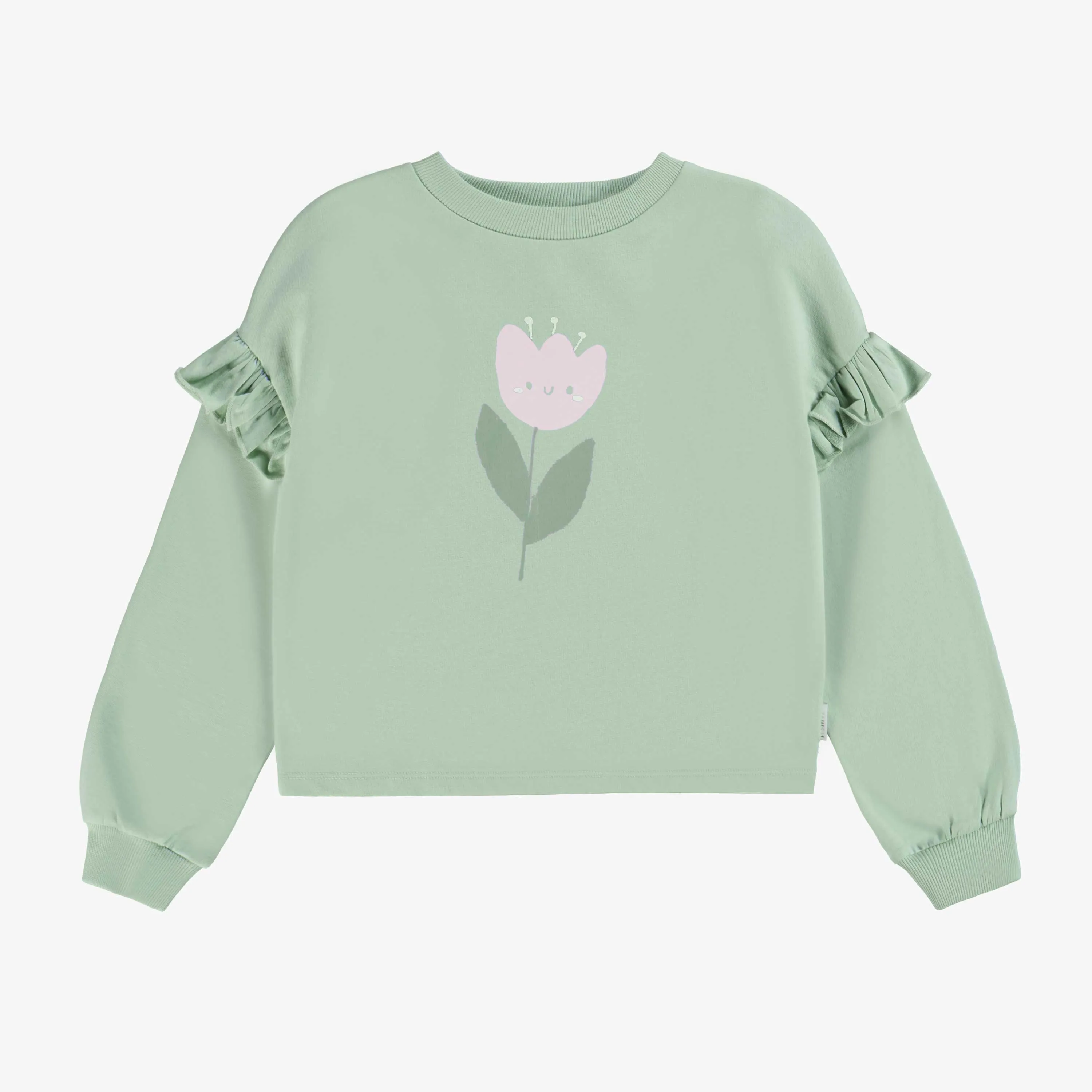 Chandail ample vert sauge avec motif de tulipe en coton français, enfant || Loose-fitting sage green sweater with tulip motif in french cotton, child