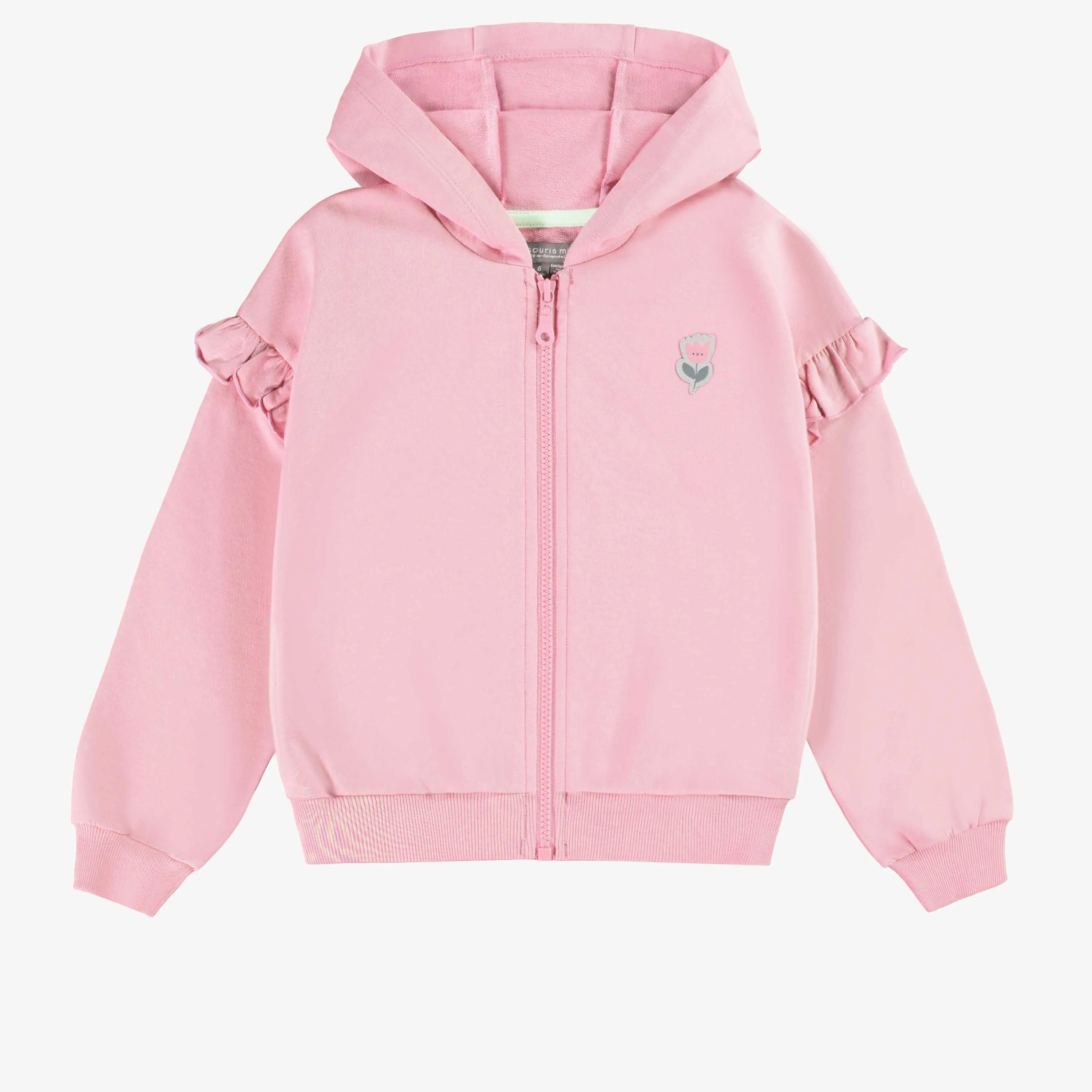 Chandail à capuchon rose avec motif de tulipe en coton français, enfant || Loose-fitting pink hoody with tulip motif in french cotton, child