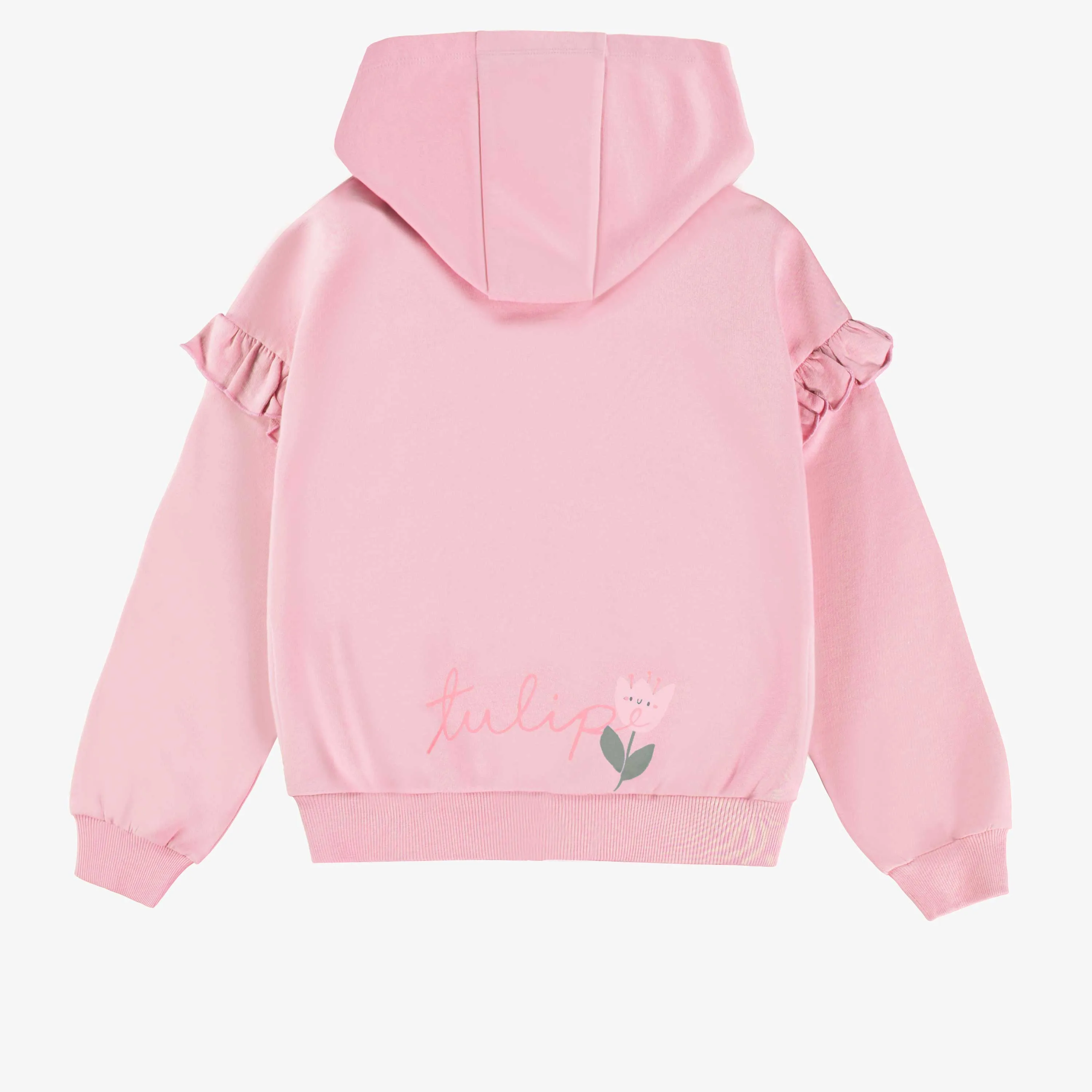 Chandail à capuchon rose avec motif de tulipe en coton français, enfant || Loose-fitting pink hoody with tulip motif in french cotton, child