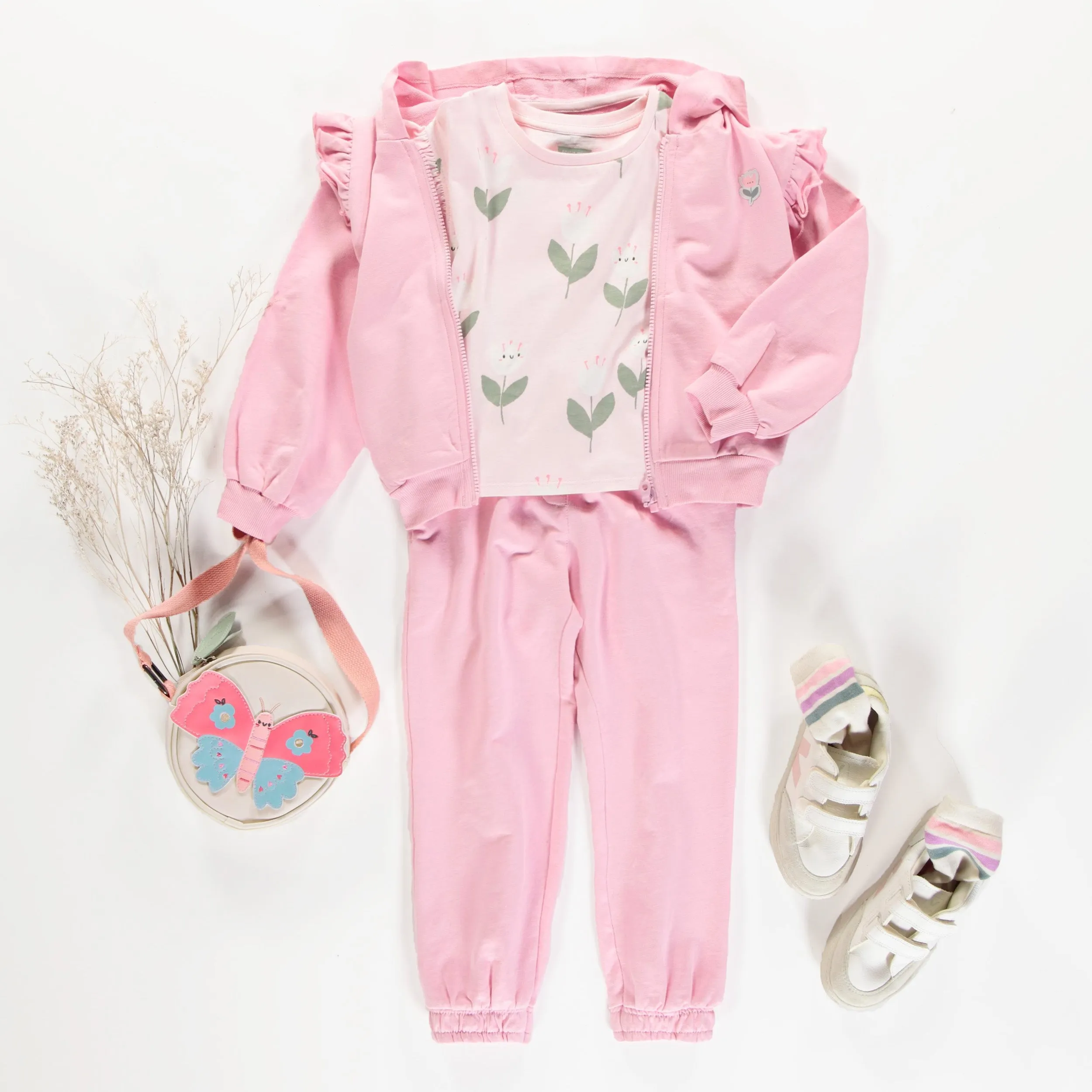 Chandail à capuchon rose avec motif de tulipe en coton français, enfant || Loose-fitting pink hoody with tulip motif in french cotton, child