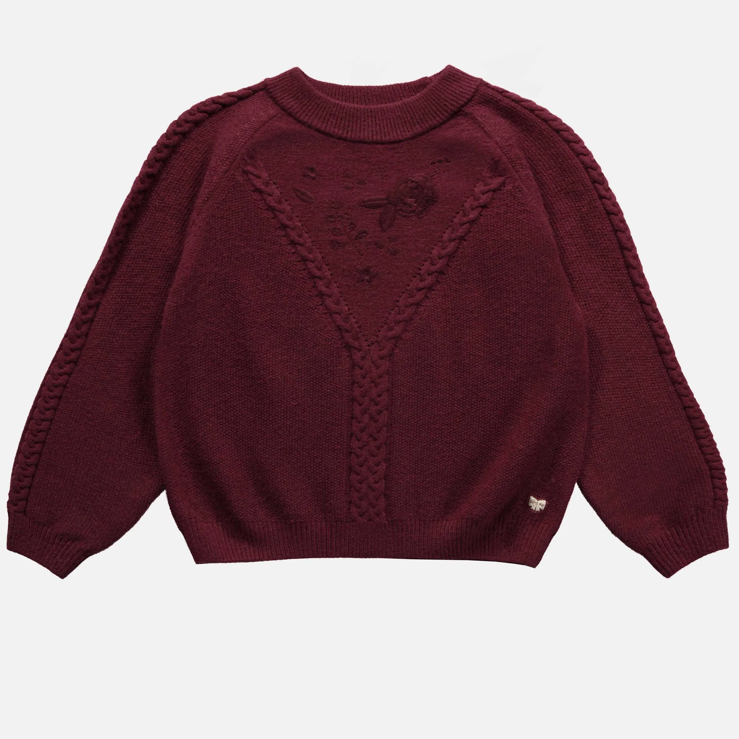 Chandail de maille bourgogne avec broderie et motif tressé, adulte || Long sleeves burgundy sweater with embroideries and braided pattern, adult
