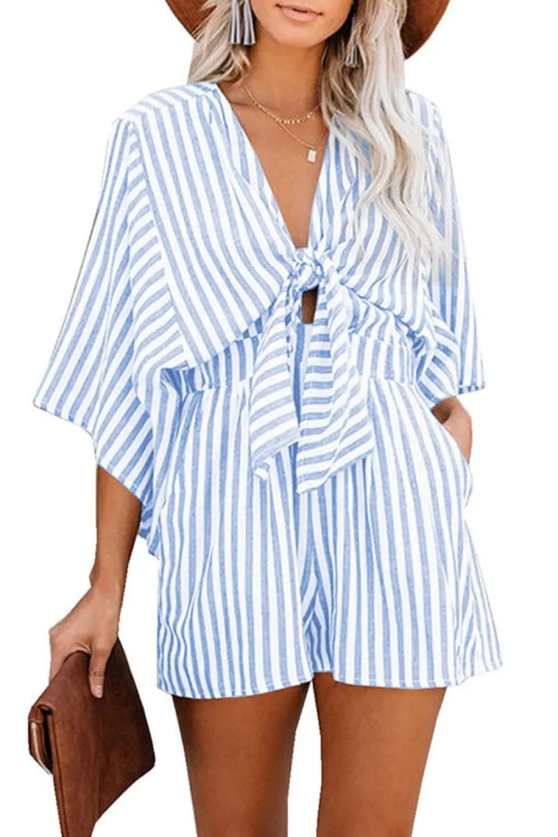 Chouyatou Womens Casual Shorts Rompers Half Sleeve Tie Waist Striped Jumpsuits for Women