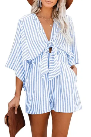 Chouyatou Womens Casual Shorts Rompers Half Sleeve Tie Waist Striped Jumpsuits for Women